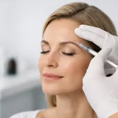 En kvinna får botox i pannan. Hon ser avslappnad ut.
