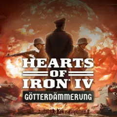 Żołnierze i czołgi w tle wybuchu atomowego, nad nimi latają futurystyczne samoloty. Tytuł gry: Hearts of Iron IV.