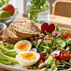 Salade colorée avec avocat, pain complet, et deux moitiés d'œuf à la coque. La fraîcheur de l'œuf suggère qu'il est bien avant sa date de péremption.