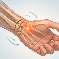 Illustration av handledens ben med inflammation. Pilarna visar rörelse, vilket kan vara en handsvett orsak.