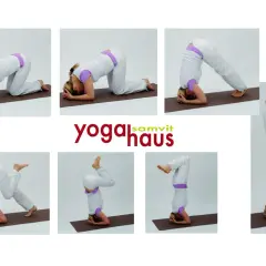 Frau übt verschiedene Schritte des Sirsasana Yoga, beginnend auf Knien, dann auf Unterarmen und Kopf, bis sie den Kopfstand erreicht.