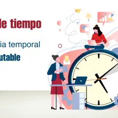 Ilustración de "Sellado de tiempo", con personas trabajando alrededor de un reloj gigante, simbolizando la referencia temporal fiable e inmutable.