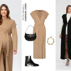 Moda comoda e chic per chi cerca come vestirsi dopo il parto: cardigan lunghi, abiti morbidi, stivali e borsa.