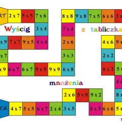 Kolorowa plansza z zadaniami "Wyścig z tabliczką mnożenia". Pomoce do nauki tabliczki mnożenia dla dzieci.