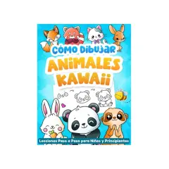 Libro "Cómo Dibujar Animales Kawaii" con un zorro, panda, conejo y perezoso adorables. Lecciones paso a paso para niños.