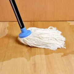 Mop na drewnianej podłodze, gdzie widać zalane panele. Woda rozlewa się po jasnym drewnie, tworząc kałuże.