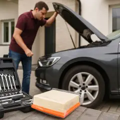 Mężczyzna sprawdza silnik auta, obok leży nowy air flow filtr i walizka z narzędziami.