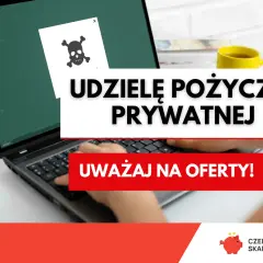 Udzielę pożyczki prywatne od ręki. Uważaj na oferty! Na ekranie laptopa symbol czaszki, ostrzeżenie.