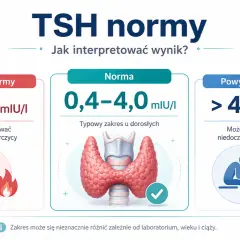 TSH norma dla 60-latki: poniżej 0,4 mlU/I (nadczynność), 0,4-4,0 mlU/I (norma), powyżej 4,0 mlU/I (niedoczynność).