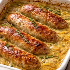 Quatre andouillettes dorées mijotent dans une sauce crémeuse aux herbes, prêtes à être dégustées. Un plat réconfortant et savoureux.