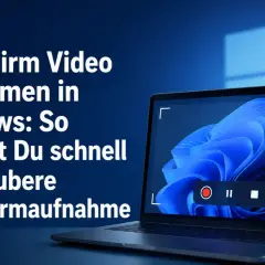 Laptop mit Windows-Oberfläche zeigt eine Bildschirmaufnahme mit Aufnahmesymbol.