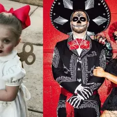 Pomysły na przebranie na Halloween: urocza dziewczynka jako nakręcana lalka i para w strojach Día de Muertos.