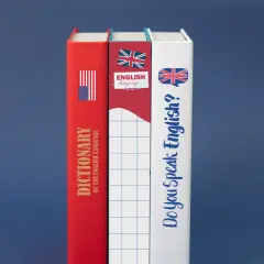 Tre libri: un dizionario di inglese, uno con bandiera britannica e uno con la domanda "Do you speak English?".