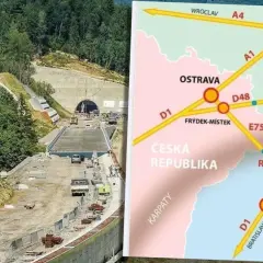 Budowa tunelu i mapka dróg pokazują turystyczne atrakcje Czech i Słowacji, łącząc Ostrawe, Katowice i Żylinę.