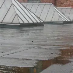 Regennasse Dachflächen mit sichtbarer flachdach neigung und mehreren Oberlichtern.