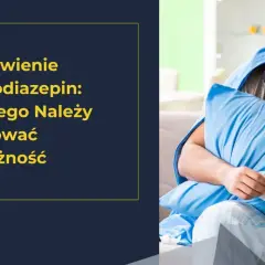 Chory mężczyzna z poduszką, otulony kocem, symbolizuje trudności z odstawieniem leków, np. clonazepamu.