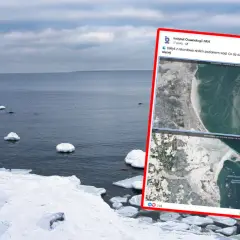 Zimowy Bałtyk z lodem na wodzie. Obok post na Facebooku Instytutu Oceanologii PAN: "Bałtyk z rekordowo niskim poziomem wód. Co się dzieje i dlaczego to ważne?".
