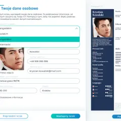 Tworzenie CV po angielsku. Krystian Kowalski uzupełnia dane osobowe, wybiera język angielski.