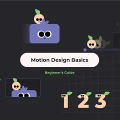 Cute characters illustrate motion design tutorials, showing animation curves and the numbers 1, 2, 3.