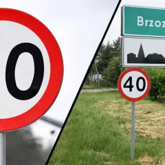 Dwa znaki drogowe: jeden z ograniczeniem prędkości do 80, drugi z napisem "Brzoza" i ograniczeniem do 40.