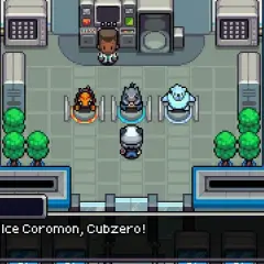 Postać w grze typu gry pokemon na pc wybiera Cubzero, lodowego Coromona, w laboratorium.