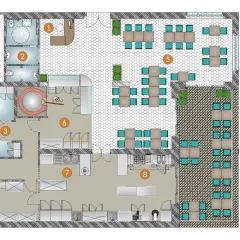 Pianta di pizzeria con idee per il design: reception, bagni, deposito, sala, area cottura, lavaggio e laboratorio preparazione.