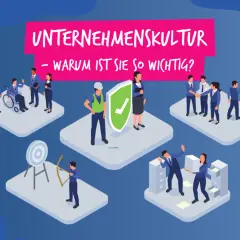 Illustration zeigt, wie man die **Unternehmenskultur verbessern** kann: Teamwork, Inklusion, Zielerreichung und Sicherheit sind Schlüssel.