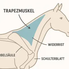 Anatomische Zeichnung eines Pferdes, die den **Trapezmuskel** über dem Widerrist und Schulterblatt zeigt.
