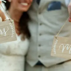 Para młoda trzyma tabliczki "Mrs" i "Mr". Zastanawiasz się, ile kosztuje zmiana nazwiska?