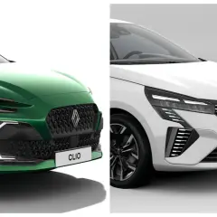 Zielony i biały Renault Clio 6 obok siebie, prezentujące różne wersje przodu.