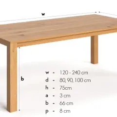 Projekt stołu drewnianego z litego dębu. Wymiary: szerokość 120-240 cm, głębokość 80-100 cm, wysokość 75 cm.