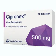 Opakowanie leku Cipronex 500 mg, tabletki powlekane. Stosowany w leczeniu infekcji bakteryjnych.