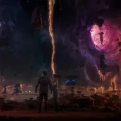 Deux explorateurs contemplent un paysage étrange et vibrant, des colonnes de feu et de lumière traversent un ciel tourbillonnant de violet et de noir. Ils sont au bord du royaume quantique.