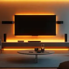 Gemütliche tv wand ideen mit indirekter Beleuchtung und modernen Möbeln.