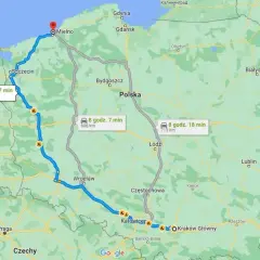 Trasa z Mielna przez Szczecin, Wrocław, Katowice do Krakowa. Dwie alternatywne drogi przez Polskę.