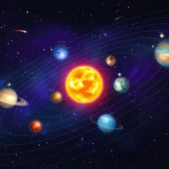 Układ słoneczny z widocznymi planetami wewnętrznymi i zewnętrznymi, Słońcem i orbitami.