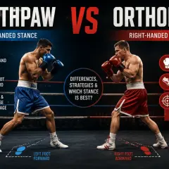 Two boxers face off, one in a southpaw stance (left-handed) and the other in an orthodox stance (right-handed), illustrating their differences.