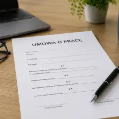 Na biurku leży dokument "Umowa o pracę", obok okulary, laptop i kubek kawy.