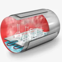 Sezione di un'autoclave: vapore rosso circonda fiaschi su una griglia sopra acqua riscaldata.