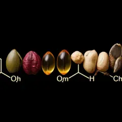 Struttura chimica e alimenti ricchi di grassi polinsaturi: semi, noci, capsule di olio.