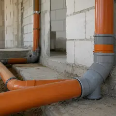 Pomarańczowe i szare kolory rur w ziemi, tworzące system kanalizacyjny w trakcie budowy.