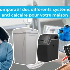 Comparatif des systèmes anti calcaire pour l'eau en France. Une femme réfléchit devant des appareils de traitement d'eau.