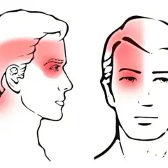 Illustrations de têtes montrant des zones rouges de douleur, suggérant des maux de tête cervicaux.