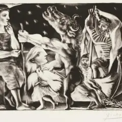 Picasso's Blaue Periode: Ein Mann mit Stier und Taube, ein Fischer im Boot. Düstere Szene unter Sternen.