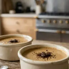 Deux bols de lait de poule crémeux, garnis de grains de café et de cacao, sur une table en bois rustique.
