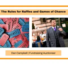 Pile of blue and pink raffle tickets, with a man in a suit speaking into a microphone. Dan Campbell, Fundraising Auctioneer.