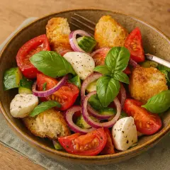 Toskanischer Brotsalat original: Frische Tomaten, Gurken, rote Zwiebeln, Mozzarella und knusprige Brotwürfel mit Basilikum.