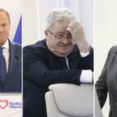 Trzy portrety polityków: Donald Tusk, Włodzimierz Czarzasty i Elżbieta Witek.