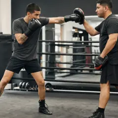 Two southpaw boxers train in a ring, one throwing a punch at a pad held by the other.