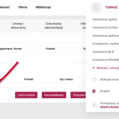 Menu użytkownika w bankowości internetowej, opcja "Wnioski i umowy" podświetlona. To miejsce, gdzie znajdziesz swój rachunek techniczny Millennium.